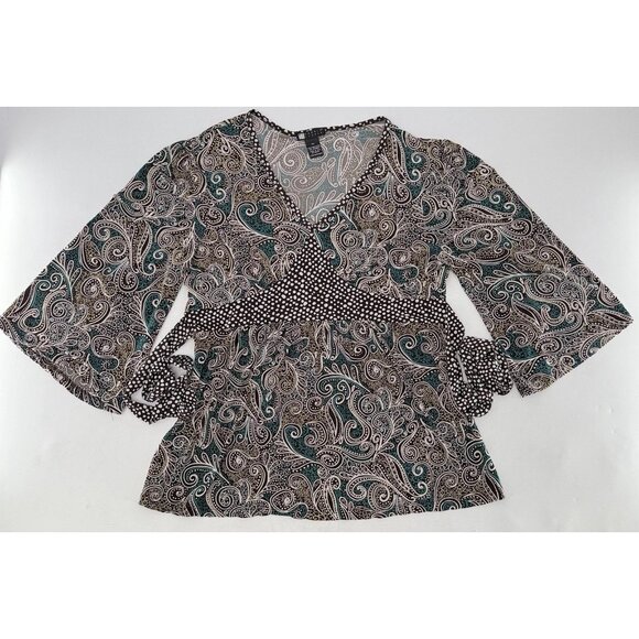 Carole Little Paisley Flared Slv‎ Liquid Knit Tie Back Blouse XL Boho Preppy Y2K - Picture 1 of 9